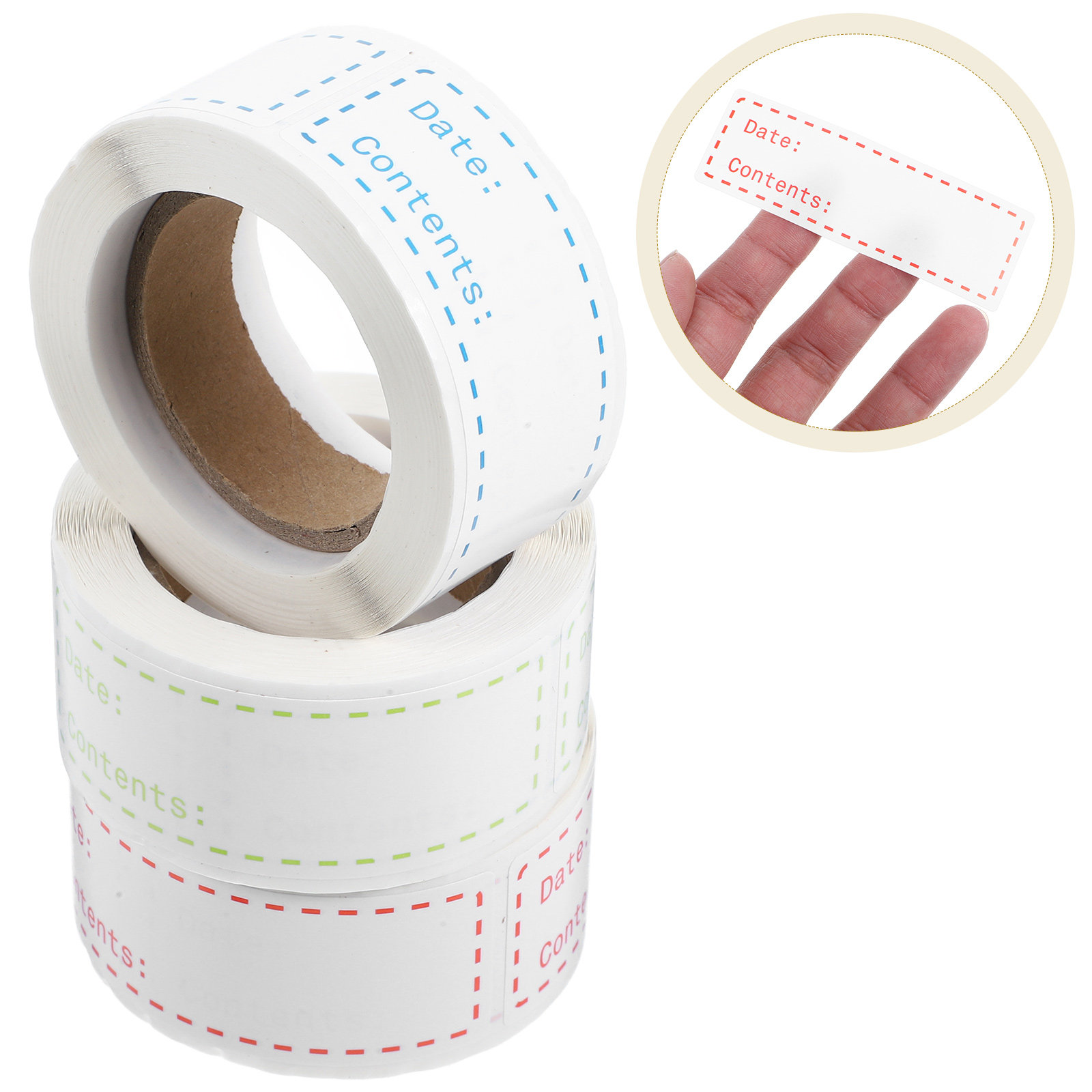 Food Storage Labels - 3ロール入り、剥がせる食品保存ラベル。安全な粘着剤を使用し、透明な表面で文字を書きやすく、キッチンや冷凍庫で使える食品容器の日付表示に最適。