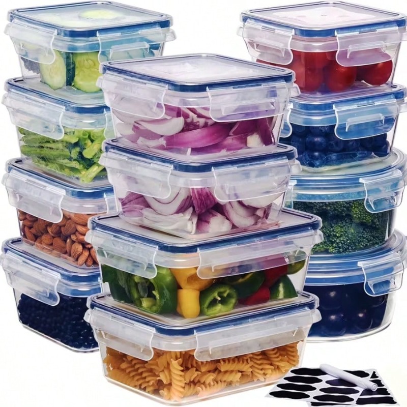 Food Storage Labels - 12個入りの食品保存容器セット（蓋12個＋容器12個）。密閉性の高いプラスチック製で、パントリーやキッチンの整理に最適。ラベルとマーカーを無料でお付けします。