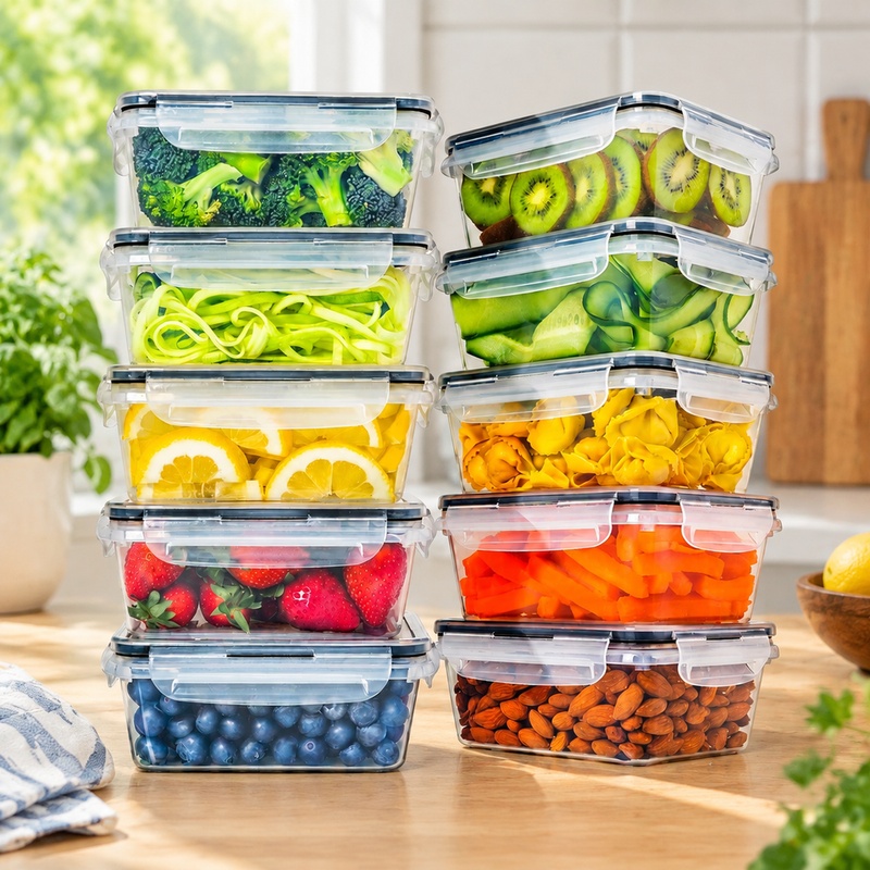 Food Storage Labels - BPAフリーのキッチン用保存容器10個セット。各容器の容量は840ml。電子レンジと食器洗い機に対応。ラベルステッカーとマーカーが付属。