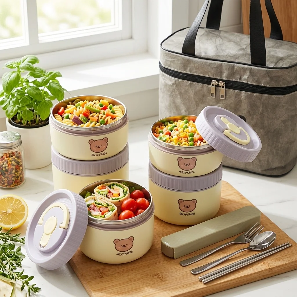 Food Storage Oven Safe - 304ステンレス製、保温機能付きランチボックス。子供や学生向け。可愛らしいデザインで、漏れ防止機能付き。電子レンジ対応。