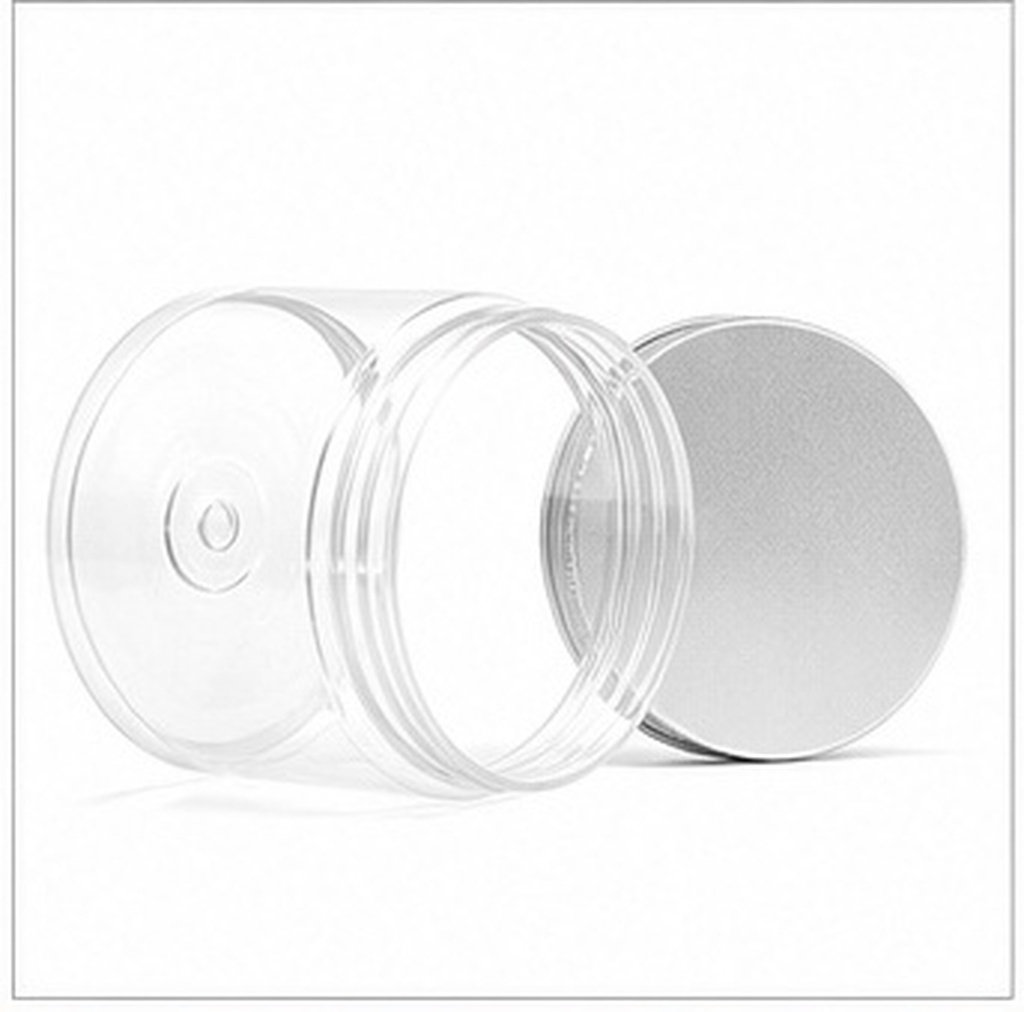 Food Storage Containers - 4個入り、シルバーのアルミ蓋付き、透明プラスチック製のミニ円筒型容器、250ml、食品やスパイスの保存に、キッチンや家庭で使える。