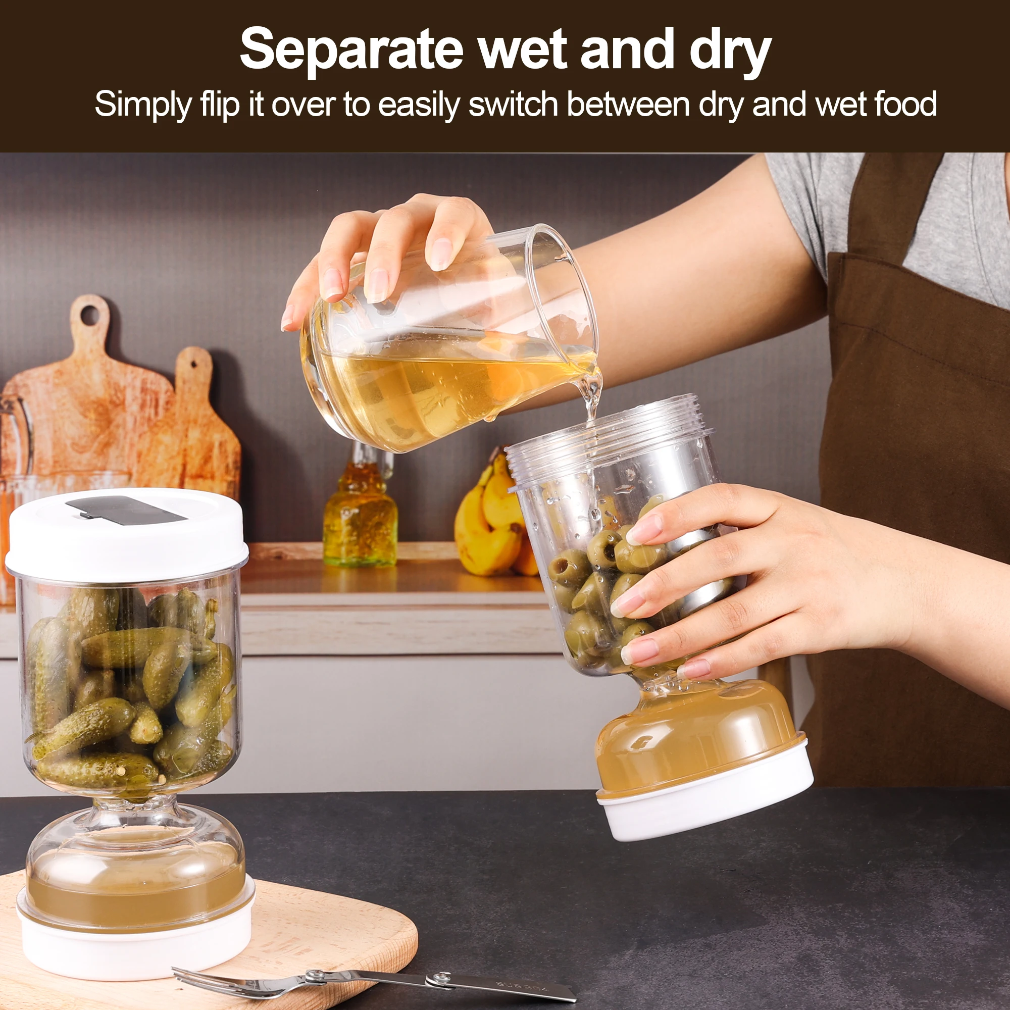 フォーク付きピクルスジャー ドライおよびウェットディスペンサ - Food Storage With Dividers のレビューと価格