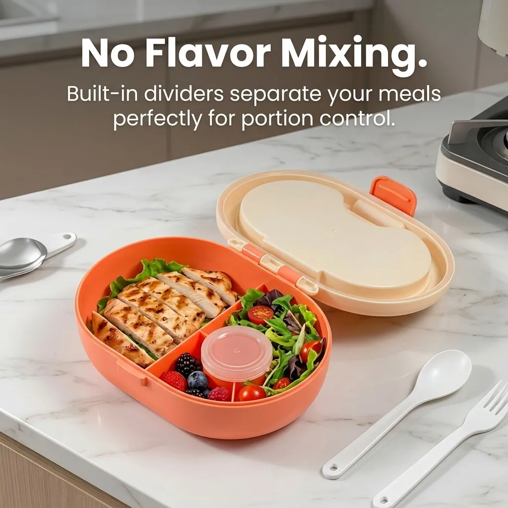 プラスチック製の弁当箱。カトラリー付きで、汁漏れしにくく、仕 - Food Storage With Dividers のレビューと価格